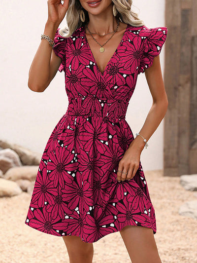 A-Line Loose Elasticity Flower Print V-Neck Mini Dresses