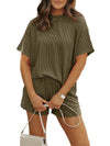 Half Sleeves Loose Solid Color Round-Neck T-Shirt Top + Pockets Shorts Bottom Two Pieces Set