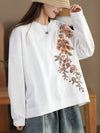 Women Vintage Spring Flower Embroidery O-Neck Shirt