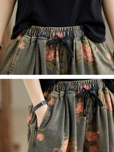 Women Summer Retro Flower  Denim Loose Pants