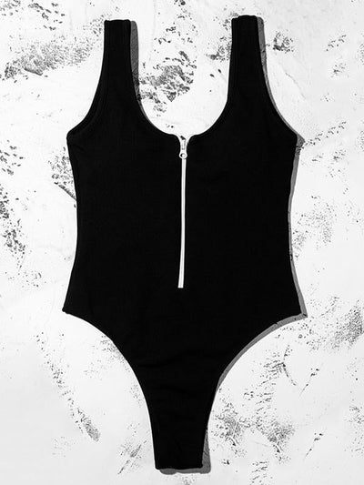 Solid Color Zipper One-Piece Swimwear