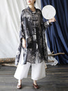 Women Vintage Flower Ink-rint Button Pocket Ramie Long Shirt