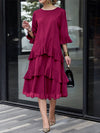 Half Sleeves Loose Layered Ruffle Trim Solid Color Zipper Round-Neck Midi Dresses