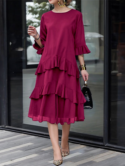 Half Sleeves Loose Layered Ruffle Trim Solid Color Zipper Round-Neck Midi Dresses