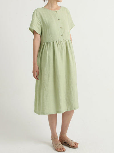 Plus Size Casual Linen Pleated Short Sleeve Loose Dress