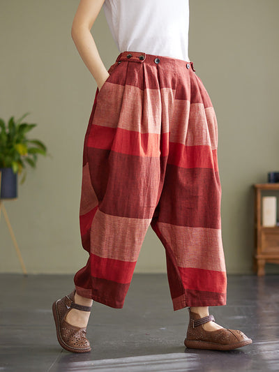 Stripe Elastic Waist Women Pleated Lantern Loose Pants