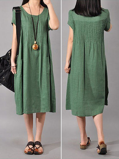 Plus Size  Women Cotton Linen Loose Fitting Dress in Green