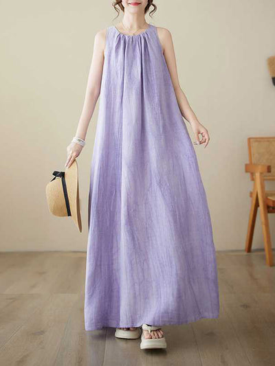 A-Line Loose Pleated Solid Color Round-Neck Midi Dresses