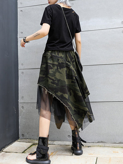 A-Line Loose Asymmetric Camouflage Elasticity Fringed Mesh Split-Joint Skirts Bottoms