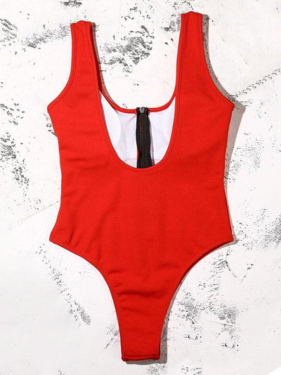 Solid Color Zipper One-Piece Swimwear