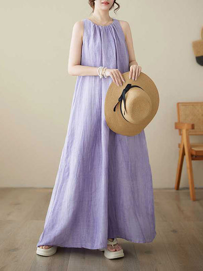 A-Line Loose Pleated Solid Color Round-Neck Midi Dresses