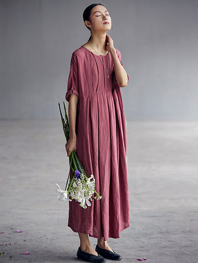 Plus Size Chinese Style Elegant Pleated Loose Linen Dress