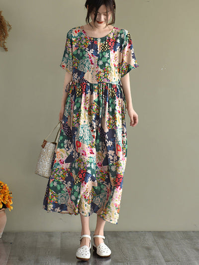 Plus Size Floral Prints Short Sleeve Summer Loose Dress