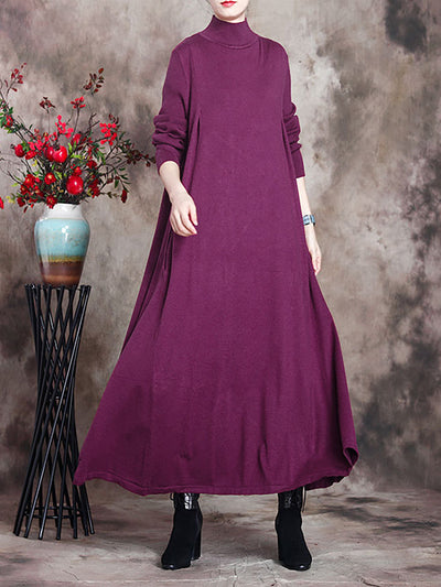 Plus Size Women Artsy Solid Turtleneck Maxi Dress