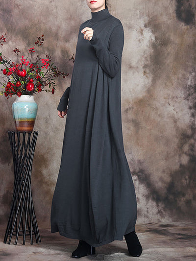 Plus Size Women Artsy Solid Turtleneck Maxi Dress