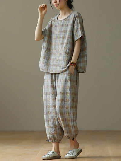 Plus Size Linen Plaid Drawstring Two Pieces Sets