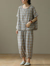 Plus Size Linen Plaid Drawstring Two Pieces Sets