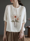 Plus Size Women Linen Casual Summer Flower Short Sleeve T-Shirt