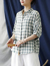 Plus Size Linen Summer Plaid Vintage Women Loose Shirt