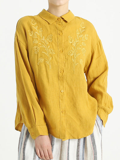 Plus Size Women Long Sleeve Linen Embroidered Loose Shirt