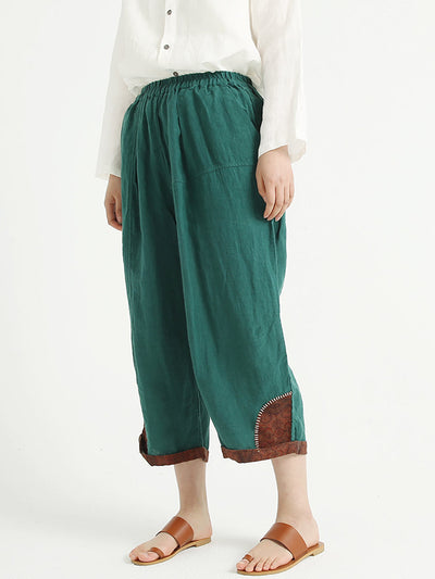 Plus Size Patchwork Linen Loose Elastic Waist Women Harem Pants