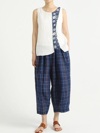 Plaid Linen Loose Elastic Waist Women Wide Leg Pants