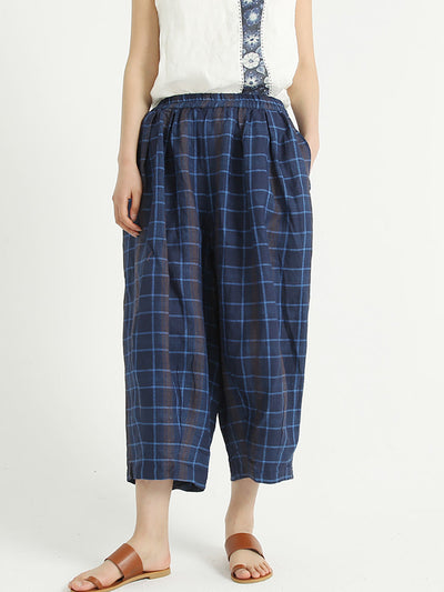 Plaid Linen Loose Elastic Waist Women Wide Leg Pants