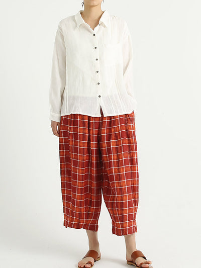 Plaid Linen Loose Elastic Waist Women Wide Leg Pants