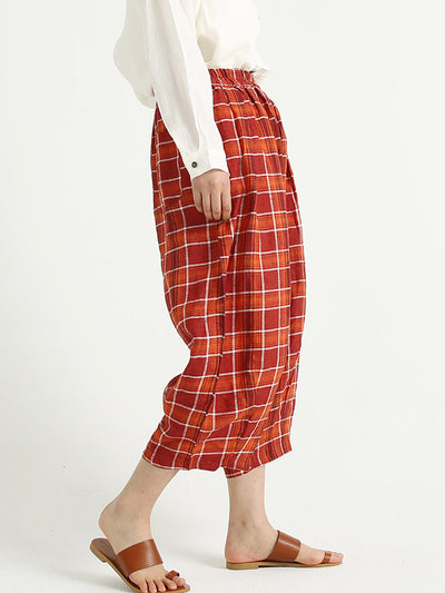 Plaid Linen Loose Elastic Waist Women Wide Leg Pants