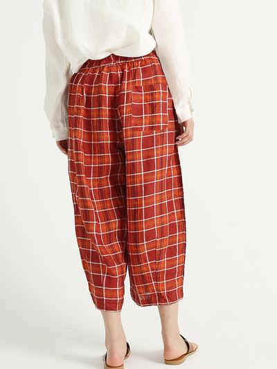 Plaid Linen Loose Elastic Waist Women Wide Leg Pants