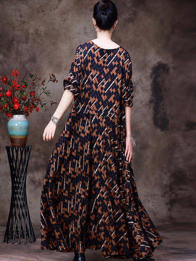 Plus Size Women Vintage Irregular Plaid Large Hemline Long Dress