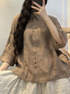 Plus Size Women Summer Solid Tie-dye Crease Button Ramie Shirt