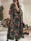 Plus Size Women Retro Flower Draped Large Hemline Ramie Dress