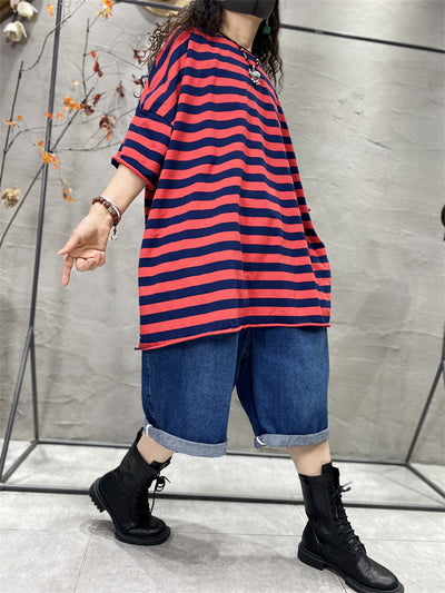 Plus Size Women Casual Stripe Split Hem O-Neck Loose Shirt