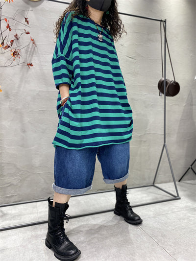 Plus Size Women Casual Stripe Split Hem O-Neck Loose Shirt