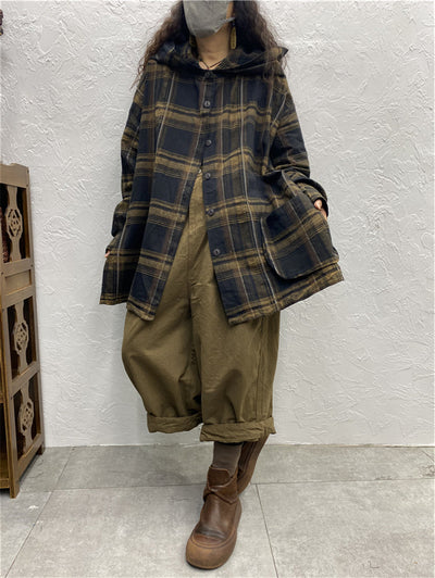 Plus Size Women Vintage Plaid Spring Hooded Shirt Coat