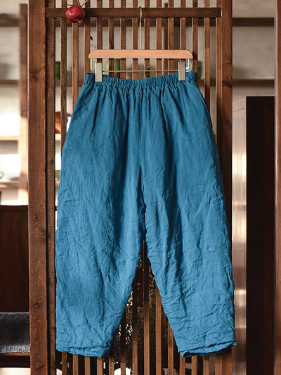 Women Vintage Solid Linen Padded Harem Pants