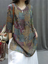 Plus Size Women Summer Retro Spliced V-Neck Loose Long Shirt