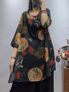 Plus Size Women Vintage Flower Summer Loose Ramie Shirt