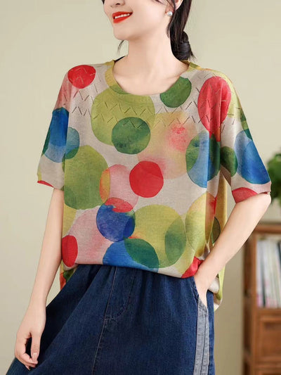 Women Summer Vintage Print Cutout O-Neck Shirt