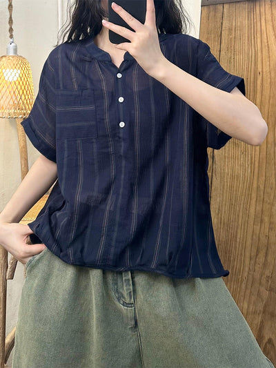 Plus Size Women Summer Casual Stripe Colorblock Cotton Loose Shirt