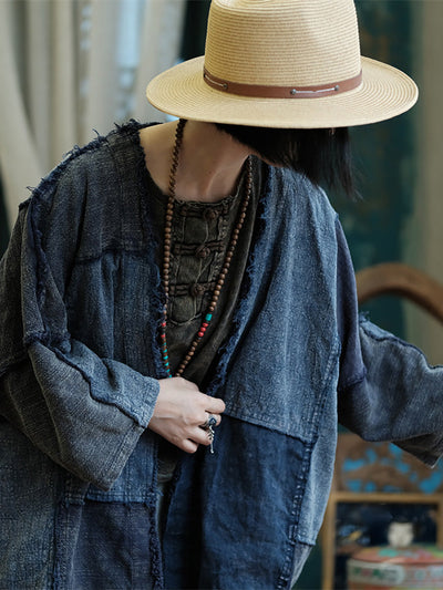 Women Vintage Spliced Raw-edge Linen Shirt Coat