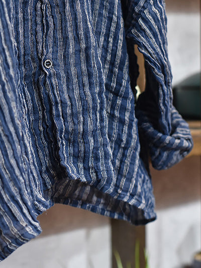 Women Autumn Vintage Stripe Raw-edge Linen Shirt