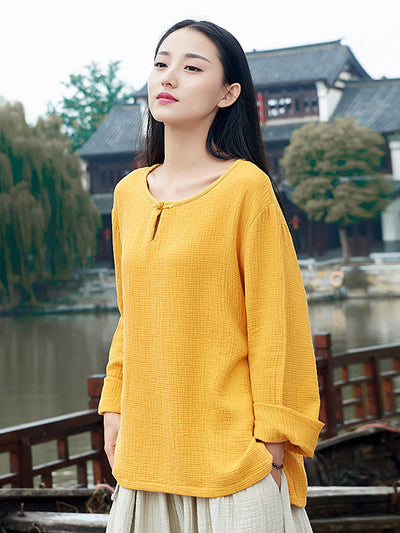 Plus Size Women Autumn O-Neck Solid 100%Cotton Shirt