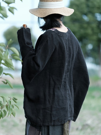 Women Ethnic Autumn Spliced Batwing Sleeve Linen Shirt