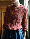 Women Summer Vintage Flower Button Stand Collar Cotton Blouse