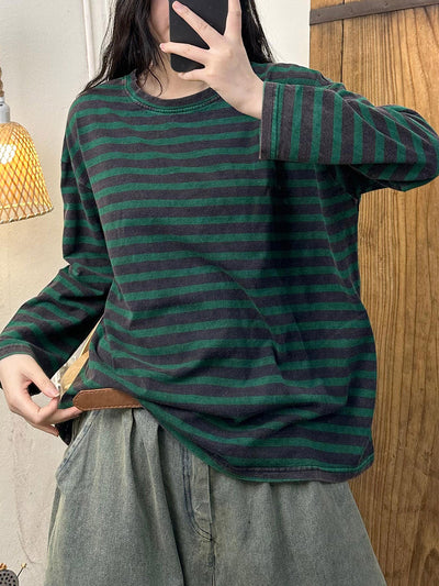 Women Retro Autumn Stripe O-Neck Cotton Blouse