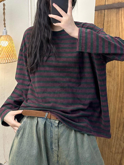 Women Retro Autumn Stripe O-Neck Cotton Blouse