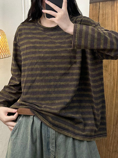 Women Retro Autumn Stripe O-Neck Cotton Blouse