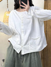 Women Vintage Solid Button Pocket O-Neck Cotton Blouse